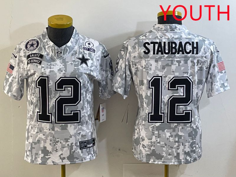Youth Dallas Cowboys #12 Staubach Camo Nike Olive Salute To Service Limited NFL Jersey style 3->youth nfl jersey->Youth Jersey